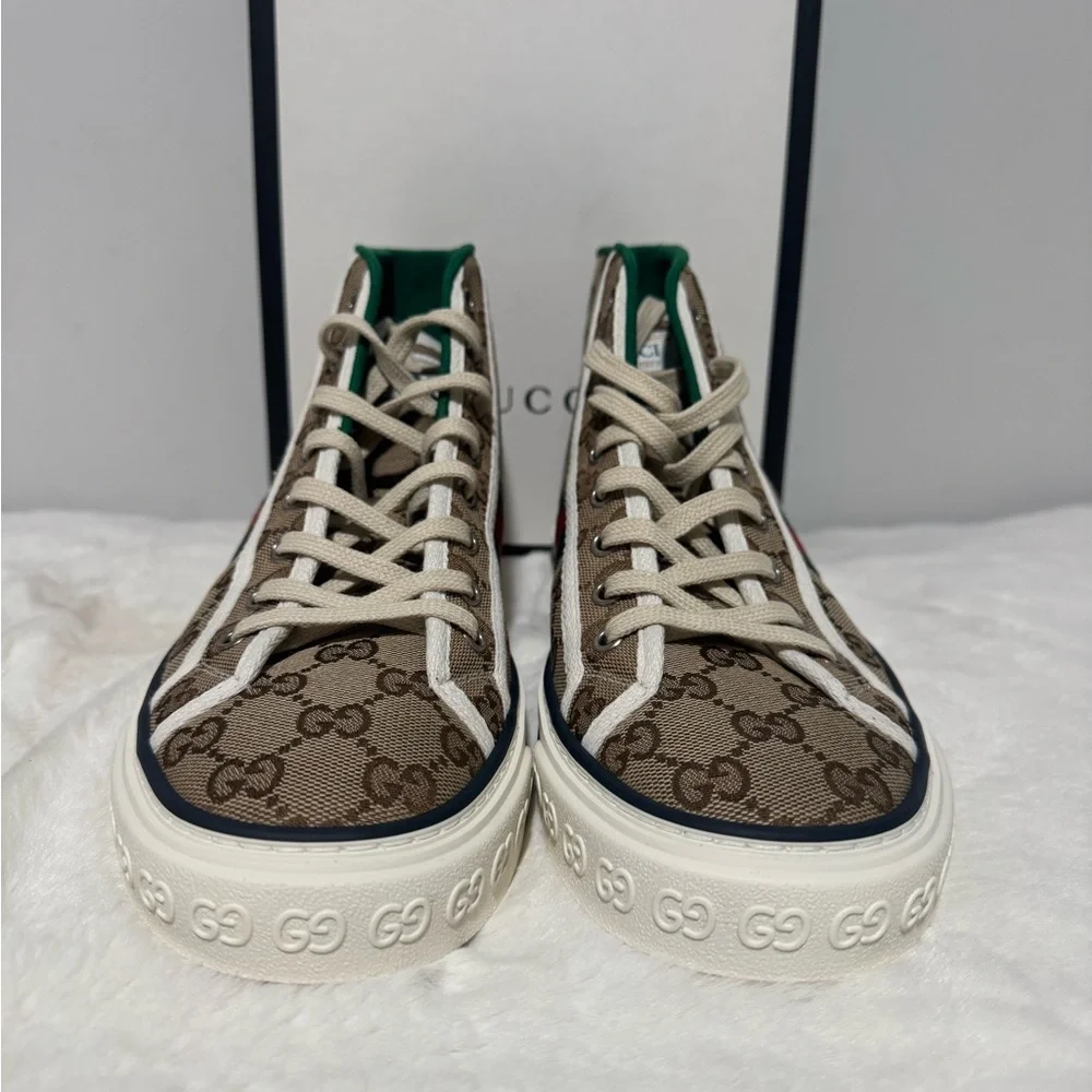 Gucci Beige GG Canvas High-Top Sneaker with Green & Red Web